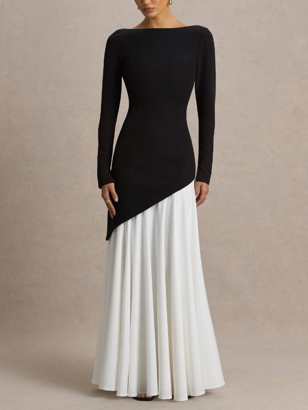 Caty Black And White Long-Sleeved Maxi Dress With Asymmetric Drop-Waist